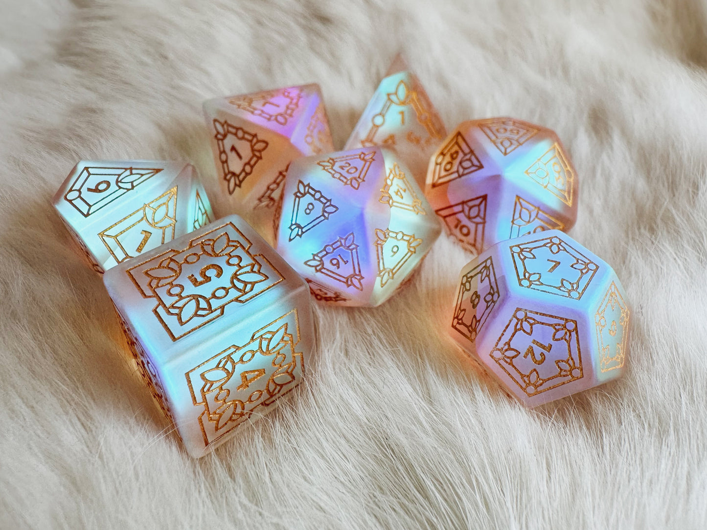 a stained glass dice pattern on rainbow glass dice
