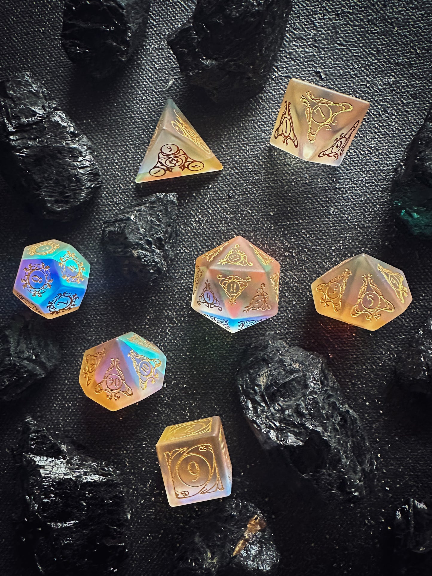Aria of the Morninglord || Frosted Rainbow Glass Dice