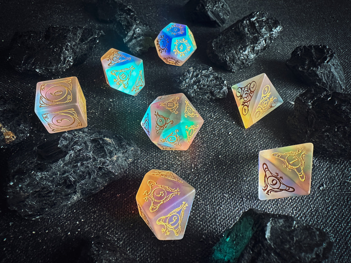 Aria of the Morninglord || Frosted Rainbow Glass Dice