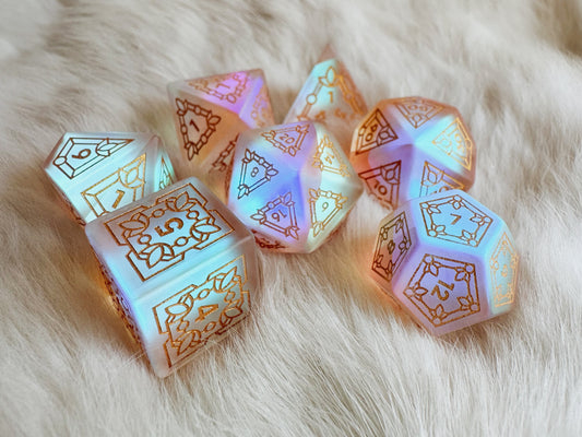 a stained glass dice pattern on rainbow glass dice